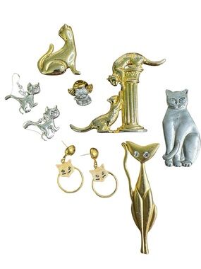Mixed Cat Brooches and Earrings - Gold & Silver Tone Set
